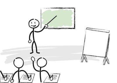 A stick figure gives a lecture